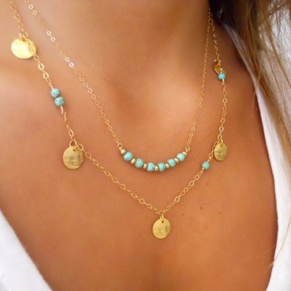 Kingman Turquoise Beaded Boho Indie Gold Necklace - Picture 2 of 5